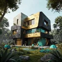 photo hyper realistic concept architecture art house solarpunk in the garden, style brutalism, gold and black turquoise ratio,, octane render excellent composition