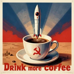 soviet propaganda poster, Drink more coffee, featuring a rocket ship coffee cup, full colour print, vintage colours, 1950s