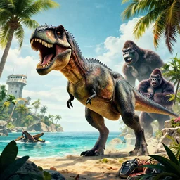 movie Poster, tropical Island, carnivore dinosaur, Tyrannosarus Rex, Action, from jurassic World (2015), from pacific rim (2013) from King kong (2005), cgsociety, ArtStation, by Frank frazetta, by drew struzan