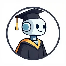 circular logo featuring an illustrated profile of a friendly robot wearing academic regalia, no text