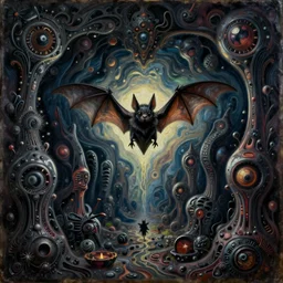caravaggio oil psychedelic landscape painting of a bat going though the portal to the underworlds, dark art, gothic, fantasy style, biopunk, organic style, trending on artstation sharp award winning 8 k harrowing unnerving shadowy