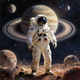 an astronaut standing in a field of alien planets, ringed planet in the sky, by Chesley Bonestell