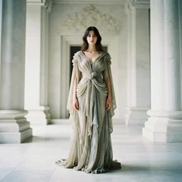 a full body portrait of a woman by justin ridler wearing an intricate billowing dress, face in the style of irakli nadar, inside a white marble temple. soft lighting, film photography