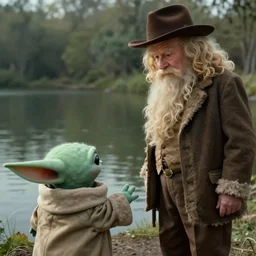 the opening credits of the ( desaturated andy griffith tv show, kodachrome ) starring dumbledore ( 2 0 0 1 ) taking grogu to the fishing pond. photorealistic digital art, live action cgi, epic fantasy, dramatic lighting, cinematic, extremely high detail, cinematic lighting, trending, artstation, cgsociety, 3 d ue 5, 4 k, hq