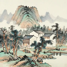 a chinese landscape painting of a building in a serene landscape