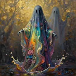 👾👗🛸🌈, paint splash, phantom, dreary, flowery details, dramatic, fluid, iridescent, golden ratio, artstation, moebius + loish + wlop, hd, oil painting, hyper realistic,