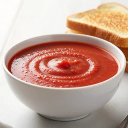 ultra realistic bowl of tomato soup with grilled cheese sandwich, low angle view, backlighting, product photography, menu image