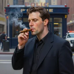 beautiful oil matte portrait painting, man standing outside a police station smoking a cigar in new york city, detailed faces, wonderful masterpiece highly detailed, beautiful cinematic light deep focus, elegant, digital painting, smooth, sharp focus, golden ratio, dramatic illumination, ultra realistic, 8 k, art by nathan walsh and jimmy law