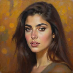 stunning serene portrait of mia khalifa by Mark Arian, oil on canvas, masterpiece, realism, piercing gaze, autumn bokeh