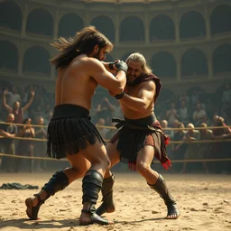 establishing shot of a gladiator arena fight, boris johnson wrestles emmanuel macron