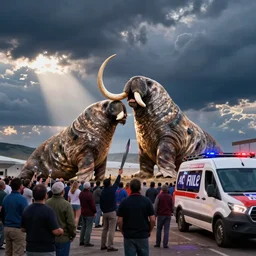 long tusked walrus!!! attacks a crowd with a knife, live crime scene footage from a news van