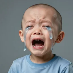 crying bald boy with oversized head, shooting huge tears out of eyes