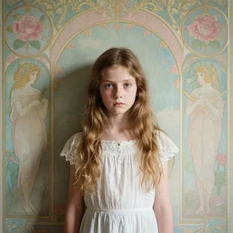 a beautiful young girl in front a intricate wallpaper, daguerreotype by edward hopper, by henri rousseau, by Bosch, art noveau, highly detailed, strong lights, liminal, eerie, Bright pastel colors, octane render, 8k,