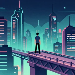 a man standing on top of a bridge over a city, cyberpunk art by liam wong, cgsociety, retrofuturism, synthwave, cityscape, 2 d game art