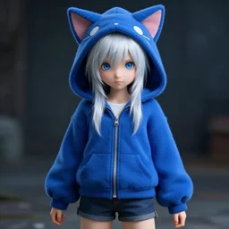 hyper - realistic + photorealistic render with very extreme intricate details, of a girl wearing a blue cat hoodie, shorts blue eyes and white hair, in the style of final + fantasy 1 5, digital game - art by ross tran, movie composition by sana takeda, dramatic cinematic lighting by greg rutkowski