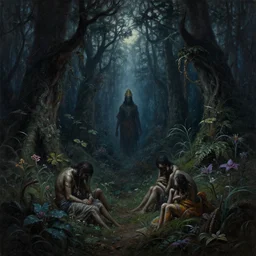 a cinematic masterpiece dark gothic painting of exotic mystical gothic hindu forest of fear despair sorrow and misery at midnight, exotic flora, from ramayan, by tim hildebrandt, by bruce pennington, by wayne barlowe, by zdzisław beksinski, oil on canvas, masterpiece, trending on artstation, featured on pixiv, cinematic composition, beautiful lighting, sharp, details, hyper - detailed, no frames, hd, hdr, 4 k, 8 k
