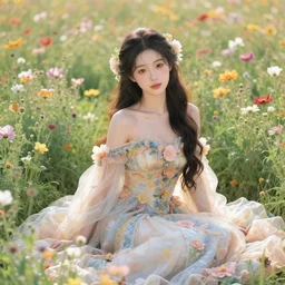 photograph of a real-life beautiful flower goddess with ornate dress sat in a flower field.  Extremely detailed. 8k