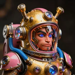 awardwinning portrait photo of a steampunk god hanuman, wearing a glowing golden and pink metallic steampunk astronaut helmet with blue tubes and cables and shiny metallic devices, 3 d render, crisp, 8 k, fluorescent colors, insanely integrate, nikon photography