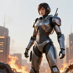 movie still frame, armored and weaponized robot girl, a burning city in the background, intricate details, beautiful composition, masterwork 8 k, anime, by yoshiaki kawajiri