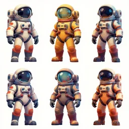 2x2 collection of highly stylized cyberpunk astronauts characters by moebius, character concept art, character modeling, each sprite is a different character, science fiction, rich colors