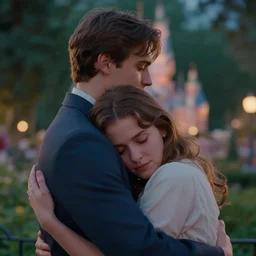 a cinematic extreme close - up of a young couple hugging in the park, disney, evening, highly detailed matte painting, telephoto lens 2 0 0 mm, by stanley artgerm lau, greg rutkowski, thomas kinkade, alphonse mucha, loish, norman rockwell, artstation