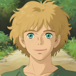 young man with medium - length, curly, golden hair, perfectly proportioned face, aquamarine eyes, sweet smile, natural lighting, path traced, highly detailed, high quality, cartoon, digital painting, by new haicheng and studio ghibli and alphonse mucha