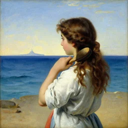 phoenician young girl brushing herhair while looking at mediterranean sea by emile vernet - lecomte, orientalist painting style