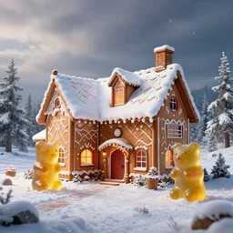 professional high quality wide - angle digital art from 5 0 feet in the distance of a home designed by frank lloyd wright. the house resembles a gingerbread house. 2 gummi bears are are in action poses in front of the house. it's a delightful wintery scene. photorealistic, epic fantasy, dramatic lighting, cinematic, extremely high detail, cinematic lighting, trending, artstation, cgsociety, 3 d ue 5, 4 k, hq