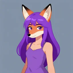 a girl with fox ears and purple hair wearing a simple sundress, this fox girl has a pronounced snout and two pointed black ears, illustration of furry art, furry fandom, 2 d art