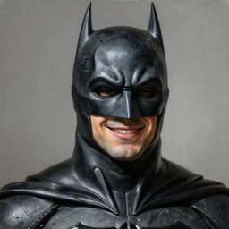 An ultra-realistic portrait painting of Batman smiling in the style of Alex Ross. 4K. Ultra-realistic. Highly detailed. Epic lighting.