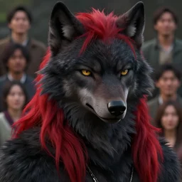 beautiful headshot portrait of a black male anthropomorphic black wolf fursona long red hair. character design by cory loftis, fenghua zhong, ryohei hase, ismail inceoglu and ruan jia. artstation, volumetric light, highly detailed, photorealistic, fantasy, rendered in octane