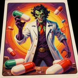 acid color painting in a vibrant color style of 70's black poster art of an evil undead psychotic doctor prescribing large pills, epic scale ultrawide angle, 3D  rendered, Vray rendered, octane render, unreal engine