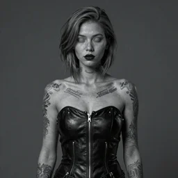 Hot young woman with grey skin, void eyeballs, tattoos, and wearing leather concept art