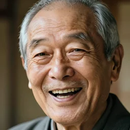extremely old japanese man laughing, extreme detail photorealistic