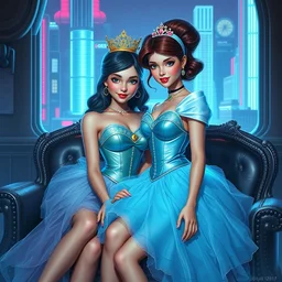 cyberpunk disney princess friends by gil elvgren and olivia de berardinis and fritz willis, hyperrealism, highly detailed