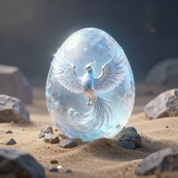 magic frost phoenix egg, rock and sand around, peter mohrbacher style, ray tracing, cinematic, digital art, octane render
