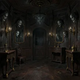 fantasy painting dark dingy room in haunted mansion with wood panels, bronze fixtures, frightening ghostly faces on everything in room, incredible detail! eerie! artstation