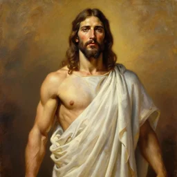 jesus christ, a muscular long haired man in a toga. 1 9 8 0 s oil painting in the style of frank frazetta, boris vallejo. warm colors. detailed and hyperrealistic. concept art