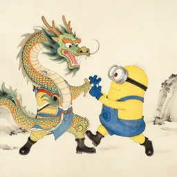 minion fighting dragon, traditional chinese painting