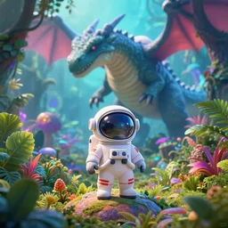 a still of a cute adorable tiny astronaut, on a planet of lush colorful foliage, with an enormous kaiju dragon surrounding the full background, magical forest, sharp focus, neon backlit, highly detailed, wonderful masterpiece by disney pixar studio ghibli makoto shinkai, digital painting, matte, octane render, cinematic volumetric lighting, global illumination, iridescent, anime, 8 k concept art