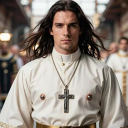 action movie hero wearing dressed in priest's robes with a cross necklace. movie poster. 4k. Long flowing hair. nipples of steel.