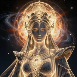 streamline moderne portrait of the powerful empress of the solar system in the style of alex grey. glowing, ornate and intricate linework, sharp focus, depth of field, stunning, dynamic lighting, ultrafine and hyperdetailed.