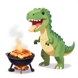 an illustration of a delicious dinosaur barbecuing waffles and chewing gum, next to a rainbow window drapes, outside a noir future