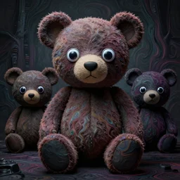 dark fantasy, 4 k, textured 3 d, intense detail, psychedelic teddy bears with googly eyes, amazing background, alex grey style