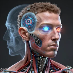 3D render of a Zuckerberg profile face portrait as a male cyborg, as medical drawing, inset xray cross-section, neon lenses for eyes, Mandelbrot fractal, titanium skeleton, anatomical, flesh, facial muscles, wires, microchips, electronics, veins, arteries, glowing, full frame, microscopic, elegant, highly detailed, flesh ornate, elegant, high fashion, LACKING ALL HUMANITY AND EMOTION, rim light, octane render in the style of H.R. Giger and Bouguereau