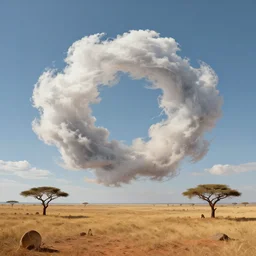 concept illustration of a ring of surreal wispy clouds above a hot savannah on a clear sunny day, wide angle, trending on artstation, digital art ( by brad rigney ) ( by greg rutkowski ) ( by artur treffner )