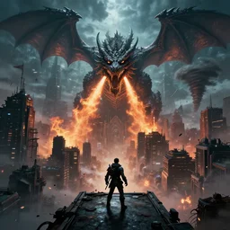 mega detail, gigantic city, random inference, dragons breathing fire, dark magic, night fog, clouds, the matrix, in a battle, video game, final boss, character on platform in front of camera, final attack, debris, tornado