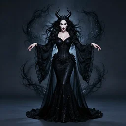 style of ellen jewett : : gorgeous willa holland : : evil witch, swirling black magic, black dress : : symmetrical face, symmetrical eyes : : full body pose : : gorgeous black hair : : magic lighting, low spacial lighting : :
