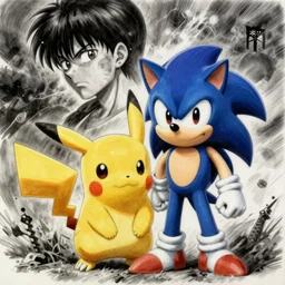 sonic and pikachu drawn by kentaro miura, in the style of berserk, very detailed