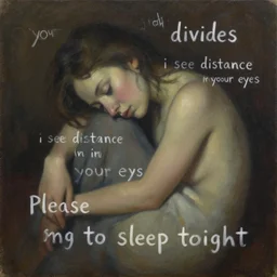 a realistic surrealist oil painting that depicts the lyrics : your touch divides i see distance in in your eyes please sing me to sleep tonight